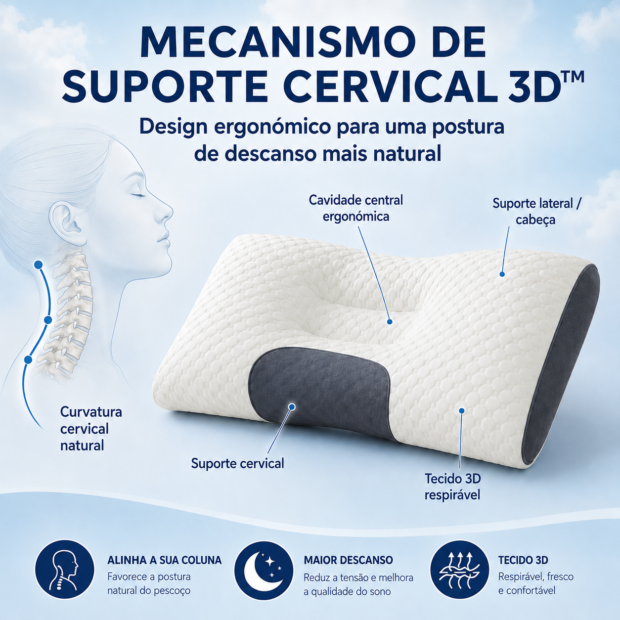 1+1 GRÁTIS / Cervisleep™ — A almofada que segura o seu pescoço enquanto dorme para acordar sem dores nem rigidez. (Inclui 2 fronhas respiráveis GRÁTIS + 30 noites de teste)