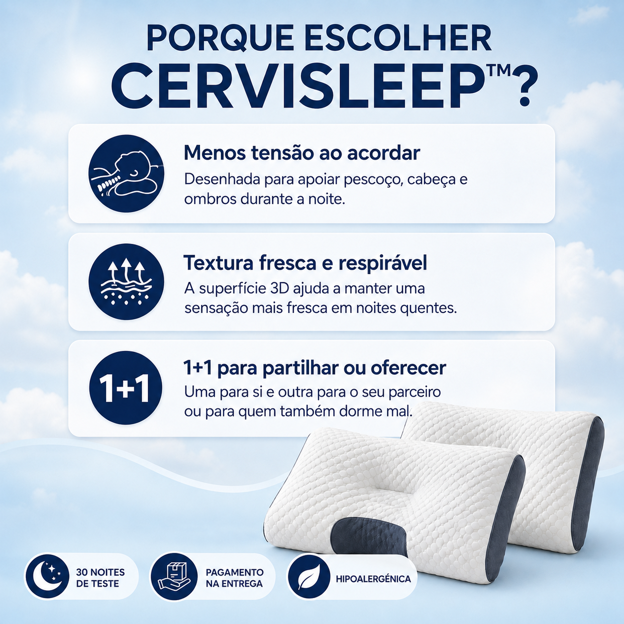 1+1 GRÁTIS / Cervisleep™ — A almofada que segura o seu pescoço enquanto dorme para acordar sem dores nem rigidez. (Inclui 2 fronhas respiráveis GRÁTIS + 30 noites de teste)