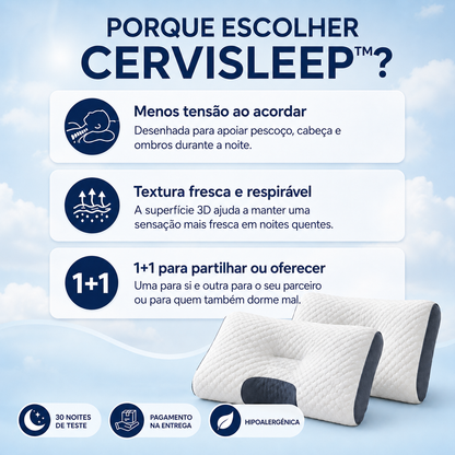 1+1 GRÁTIS / Cervisleep™ — A almofada que segura o seu pescoço enquanto dorme para acordar sem dores nem rigidez. (Inclui 2 fronhas respiráveis GRÁTIS + 30 noites de teste)